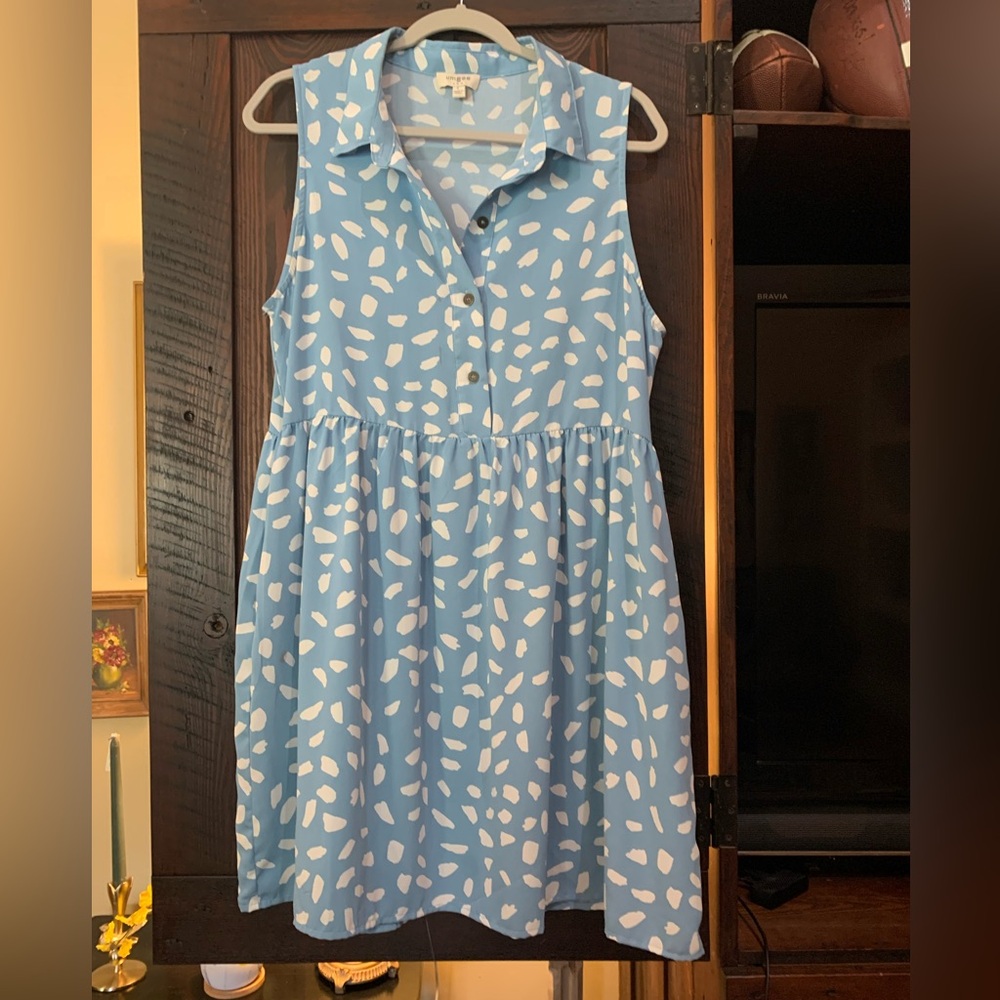 Umgee Blue and White Buttoned Polo Collar Sundress